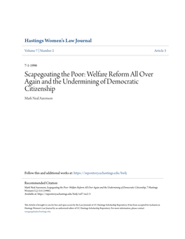 Scapegoating the Poor: Welfare Reform All Over Again and the Undermining of Democratic Citizenship Mark Neal Aaronson