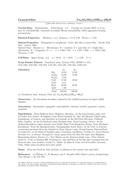 Cyanotrichite Cu4al2(SO4)(OH)12 • 2H2O C 2001-2005 Mineral Data Publishing, Version 1