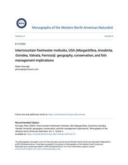 Intermountain Freshwater Mollusks, USA (<I>Margaritifera, Anodonta, Gonidea, Valvata, Ferrissia</I>): Geography