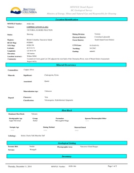 MINFILE Detail Report BC Geological Survey Ministry of Energy, Mines and Natural Gas and Responsible for Housing