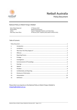 National Policy on Match Fixing in Netball