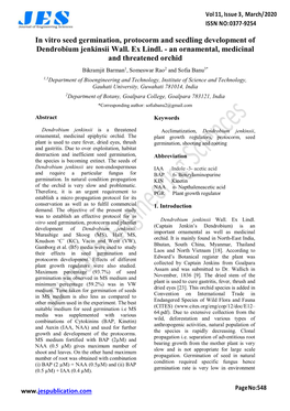 In Vitro Seed Germination, Protocorm and Seedling Development of Dendrobium Jenkinsii Wall. Ex Lindl. - an Ornamental, Medicinal and Threatened Orchid