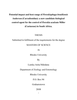 Potential Impact and Host Range of Pereskiophaga Brasiliensis Anderson (Curculionidae): a New Candidate Biological Control Agent