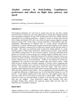 Alcohol Content in Fruit-Feeding Lepidoptera: Preferences and Effects on Flight Time, Pattern, and Speed