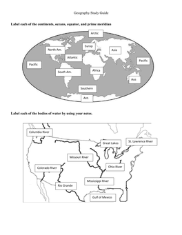 Geography Study Guide Label Each of the Continents, Oceans, Equator