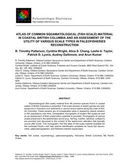 Fish Scale) Material in Coastal British Columbia and an Assessment of the Utility of Various Scale Types in Paleofisheries Reconstruction