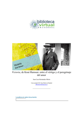Victoria, De Knut Hamsun: Entre El Vértigo Y El Peregrinaje Del Amor