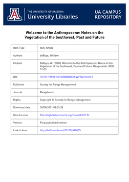 Welcome to the Anthropocene: Notes on the Vegetation of the Southwest, Past and Future