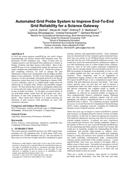Automated Grid Probe System to Improve End-To-End Grid Reliability for a Science Gateway Lynn K