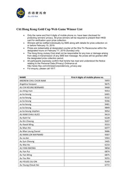 Citi Hong Kong Gold Cup Web Game Winner List