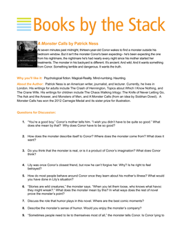 A Monster Calls by Patrick Ness at Seven Minutes Past Midnight, Thirteen-Year-Old Conor Wakes to Find a Monster Outside His Bedroom Window