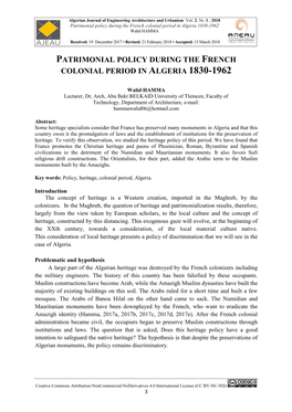 Patrimonial Policy During the French Colonial Period in Algeria 1830-1962 Walid HAMMA