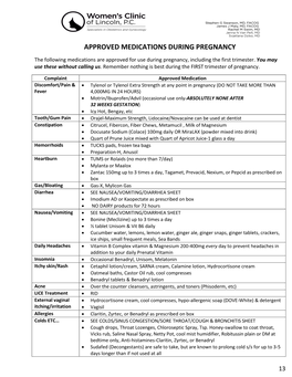 APPROVED MEDICATIONS DURING PREGNANCY the Following Medications Are Approved for Use During Pregnancy, Including the First Trimester