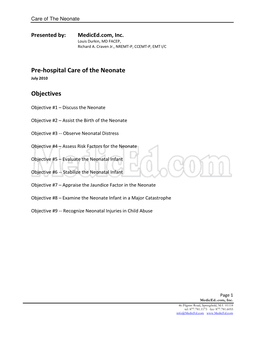 Pre-Hospital Care of the Neonate Objectives