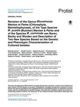 Revision of the Genus Micromonas Manton Et Parke (Chlorophyta, Mamiellophyceae)