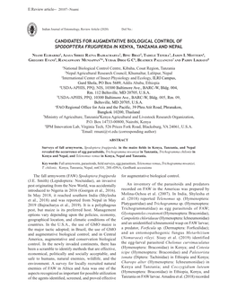 Candidates for Augmentative Biological Control of Spodoptera Frugiperda in Kenya, Tanzania and Nepal