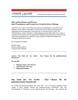 Das Ende Der Ära Arafat – Eine Chance Für Die Palästinensische Demokratie
