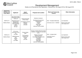 Development Management Weekly List of Planning and Other Applications - Received from 12Th August 2019 to 18Th August 2019