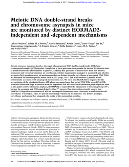 Meiotic DNA Double-Strand Breaks and Chromosome Asynapsis in Mice Are Monitored by Distinct HORMAD2- Independent and -Dependent Mechanisms