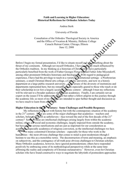 1 Faith and Learning in Higher Education: Historical Reflections for Orthodox Scholars Today Andrea Sterk University of Florida