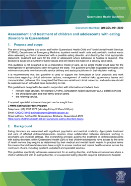 Assessment and Treatment of Children and Adolescents with Eating Disorders in Queensland 1