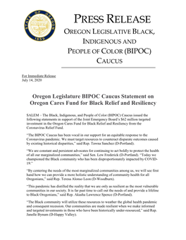 PRESS RELEASE Oregon Legislature BIPOC Caucus Statement On