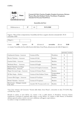 Delib.AS N. 27 2020 Copia Presa D'atto Componenti Assemblea Dei Soci a Seguito Di Elezioni Amministrative