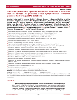 Surface Expression of Cytokine Receptor-Like Factor 2 Increases Risk of Relapse in Pediatric Acute Lymphoblastic Leukemia Patients Harboring IKZF1 Deletions