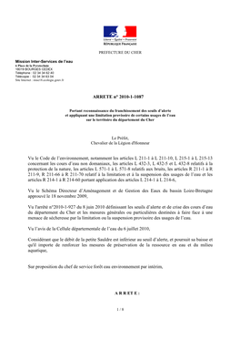 ARRETE N° 2010-1-1087 Vu Le Code De L'environnement, Notamment Les