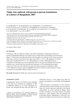 Nipah Virus Outbreak with Person-To-Person Transmission in a District of Bangladesh, 2007