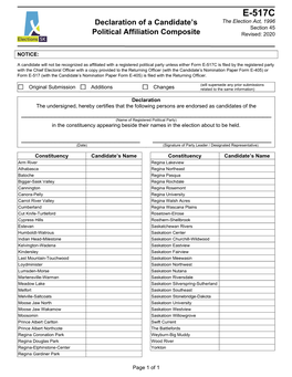 E-517C Declaration of a Candidate’S the Election Act, 1996 Section 45 Political Affiliation Composite Revised: 2020