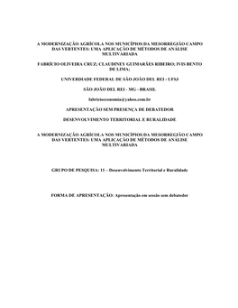 A Modernização Agrícola Nos Municípios Da Mesorregião Campo Das Vertentes: Uma Aplicação De Métodos De Análise Multivariada