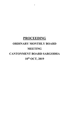 PROCEEDING ORDINARY MONTHLY BOARD MEETING CANTONMENT BOARD SARGODHA Th 10 OCT, 2019