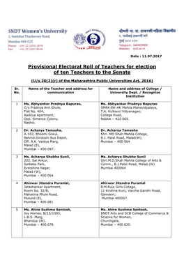 Provisional Electoral Roll of Teachers for Election of Ten Teachers to the Senate