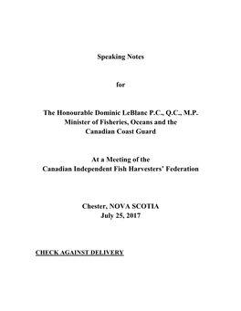 Speaking Notes for the Honourable Dominic Leblanc P.C., Q.C., M.P