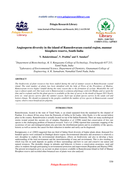 Angiosperm Diversity in the Island of Rameshwaram Coastal Region, Mannar Biosphere Reserve, South India