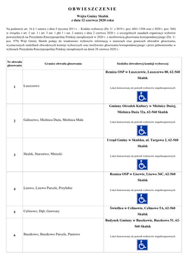 OBWIESZCZENIE Wójta Gminy Skulsk Z Dnia 12 Czerwca 2020 Roku W Sprawie Informacji O Numerach Oraz