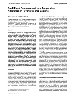 Cold Shock Response and Low Temperature Adaptation in Psychrotrophic Bacteria