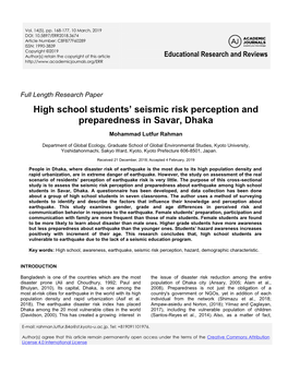 High School Students' Seismic Risk Perception and Preparedness In