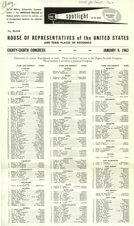 HOUSE of REPRESENTATIVES of the UNITED STATES and THEIR PLACES of RESIDENCE