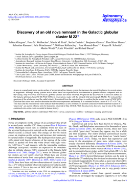 Discovery of an Old Nova Remnant in the Galactic Globular Cluster M 22? Fabian Göttgens1, Peter M