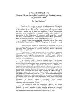 New Kids on the Block: Human Rights, Sexual Orientation, and Gender Identity in Southeast Asia.*