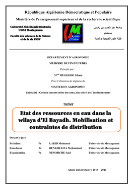 Etat Des Ressources En Eau Dans La Wilaya D'el Bayadh. Mobilisation Et