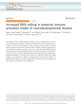 Increased RNA Editing in Maternal Immune Activation Model of Neurodevelopmental Disease