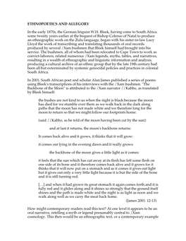 ETHNOPOETICS and ALLEGORY in the Early 1870S, the German Linguist W.H. Bleek, Having Come to South Africa Some Twenty Years Earl