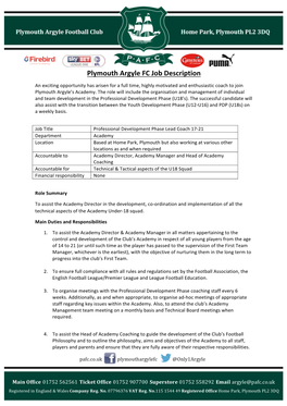 Plymouth Argyle FC Job Description