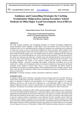 Guidance and Counselling Strategies for Curbing Examination Malpractices Among Secondary School Students in Obio/Akpor Local Government Area of Rivers State