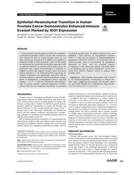 Epithelial–Mesenchymal Transition in Human Prostate Cancer Demonstrates Enhanced Immune Evasion Marked by IDO1 Expression Kimberley Kolijn1, Esther I