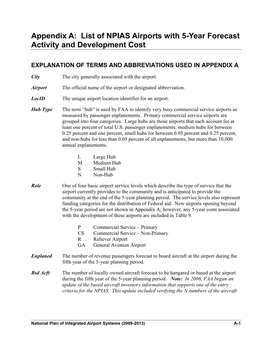 Appendix a of National Plan of Integrated Airport Systems (NPIAS), Report to Congress, 2009-2013