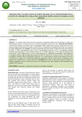 Microscopic Examination of White Blood Cells with Differential Counts in Apparently Healthy Sudanese Population in Gezira State (Sudan)